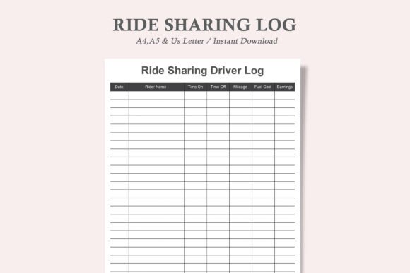 Efficiently Track Your Ride-Sharing and Mileage with the Ride Sharing Log,Driver Mileage Log